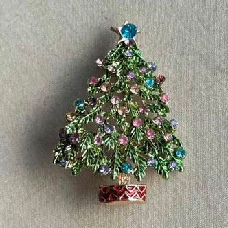 2.25 Inch Christmas Tree Brooch Pin Rhinestone Multi Enamel Gold Plated Per Pc