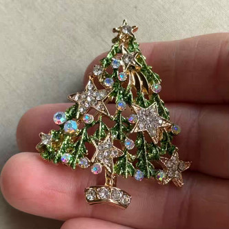 2 Inch Christmas Tree Stars Brooch Pin Rhinestone Enamel Gold Plated Per Pc