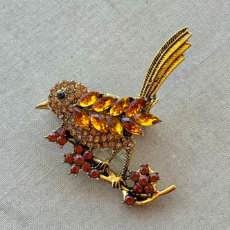 1.75 Inch Bird Thrush Brooch Pin Rhinestone Gold Per Pc