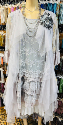 Gray Mesh Crochet Tulle Duster Kimono Victorian Style Elegance Origami M/L