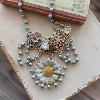 Silver Flora Collage Necklace Rhinestone Chain Artisan Made Per Pc