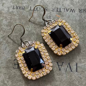 Jet Black Clear Rhinestone Earrings Emerald Cut Crystal Artisan Made in the USA Per Pair