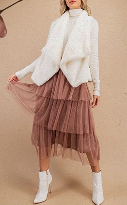 Dusty Rose Polka Dot Midi Skirt Tiered Flounce Ruffled Medium Ee:some