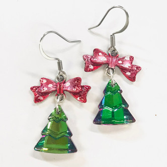 Jingle Bell Rock Christmas Tree Earrings Silver Artisan Made in the USA Per Pair