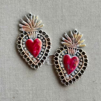 Corda Art Deco Antique Style Heart Charms Red Gold Crown Artisan 40x24mm 2Pcs