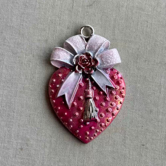54x35mm Heart with Ribbon Bow Artisan Pendant Pink Per Pc