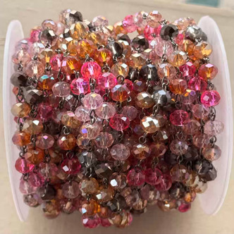 Pink Leopard Cheetah Beaded Rosary Chain 8mm Crystal Rondelle Gunmetal Plated Per Foot