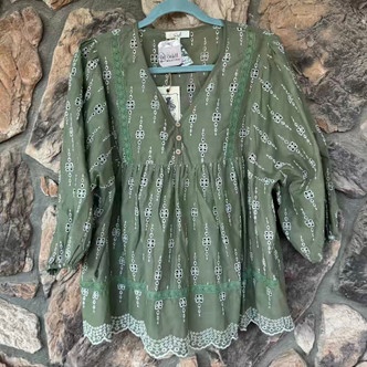 Sage Green Eyelet Top Oversized Embroidery Hem Easel Blouse