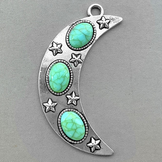 Imitation Turquoise Crescent Moon Pendants 70x50mm Antique Silver Plated Alloy Q1 Per Pkg