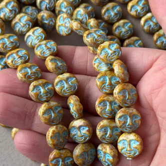 13mm Moon Beads Czech Glass Turquoise Picasso Flower Q15 Per Strand