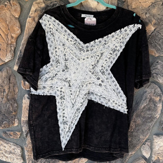 Shining Star Tee Distressed Mineral Wash Charcoal Black Ivory Cream Oli&Hali