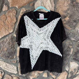 Shining Star Tee Distressed Mineral Wash Charcoal Black Ivory Cream Oli&Hali