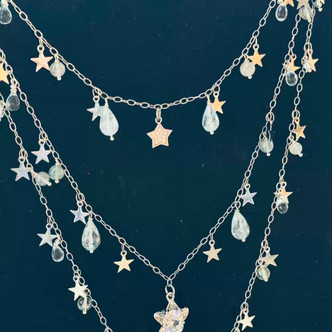 Drops of Stars Necklace Aquamarine Multi Strand Antique Silver Artisan Made Per Pc