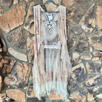 Dusty Cream Starshine Mesh Crochet Tulle Duster Kimono Victorian Style Elegance Origami