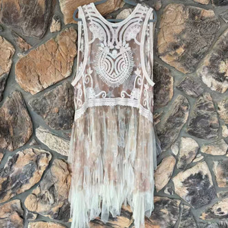 Dusty Cream Starshine Mesh Crochet Tulle Duster Kimono Victorian Style Elegance Origami