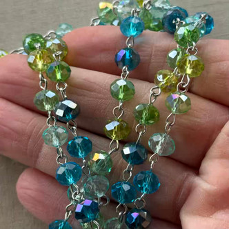 Dragonfly Pond Beaded Rosary Chain 8mm Crystal Rondelle Antique Silver Plated Per Foot