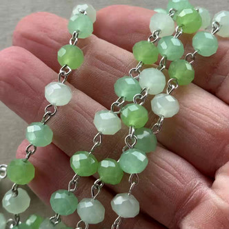 Honeydew Melon Beaded Rosary Chain 8mm Crystal Rondelle Antique Silver Plated Per Foot