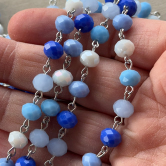 Blue & White China Beaded Rosary Chain 8mm Crystal Rondelle Antique Silver Plated Per Foot