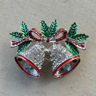 2.25 Inch Christmas Silver Bells Brooch Pin Rhinestone Enamel Plated Per Pc