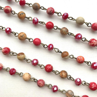 Rustic Red Beaded Rosary Chain 6mm Crystal Stone Antique Brass Plated Per Foot