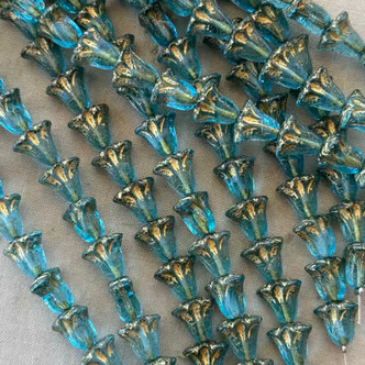 10x9mm Tulip Beads Pressed Flower Czech Glass Gilded Teal 15Pcs Per Strand