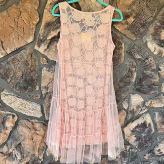 Peach Pink Long Lace Tank Top Crochet Ruffles Sleeveless A'reve