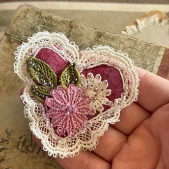 70mm Fabric Heart Pendant Pretty Pink Blooms Embroidered Stitched Mixed Media Per Pc