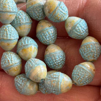 12x10mm Acorn Czech Glass Beads Baby Blue Ivory Picasso Q8 Per Strand
