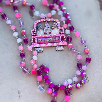 Hot Pink Christmas Gnomes Necklace Beaded Chain Artisan Made Per Pc