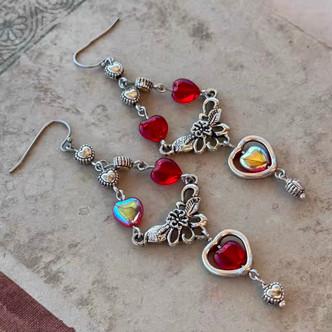Cupid's Heart Earrings Silver Red Artisan Made in the USA Per Pair