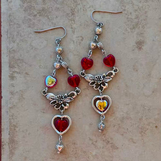 Cupid's Heart Earrings Silver Red Artisan Made in the USA Per Pair