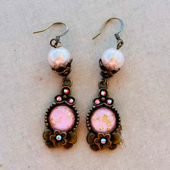 Dolly Drop Earrings Brass Pink Cab Artisan Made in the USA Per Pair