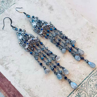 Labradorite Night Sky Chandelier Earrings Gunmetal Plated Artisan Made in the USA Per Pair