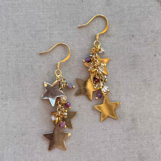 Rubies and Stars Drop Earrings Gold Artisan Made in the USA Per Pair