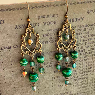 Faux Malachite Chandelier Earrings Calsilica Gold Artisan Made in the USA Per Pair