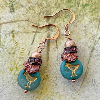 Tweet Tweet Birdie Drop Earrings Rose Copper Artisan Made in the USA Per Pair
