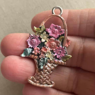 53x32mm Basket of Flowers Pendant Azalea Botanical Artisan Painted Per Pc
