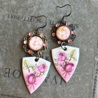 Victoria Enameled Lampwork Earrings Brass Pink Cab Artisan Made in the USA Per Pair