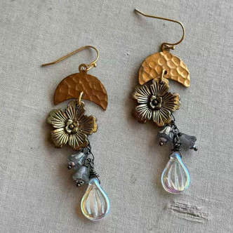 Sirena Brass Flower Moon Earrings Artisan Made in the USA Per Pair