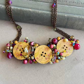 Tuscan Wine Button Collage Necklace Woven Wire Chain Artisan Made Per Pc