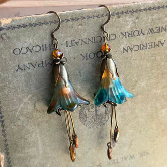 Teal Trumpet Flower Earrings Brass Artisan Made in the USA Pair
