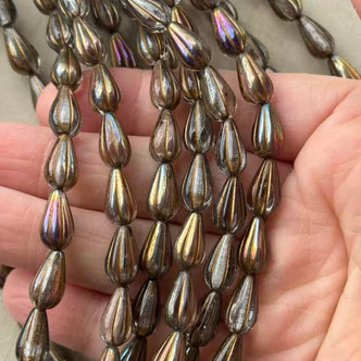 13x7mm Melon Drop Beads Czech Glass Gilded Greige AB 10Pcs Per Strand