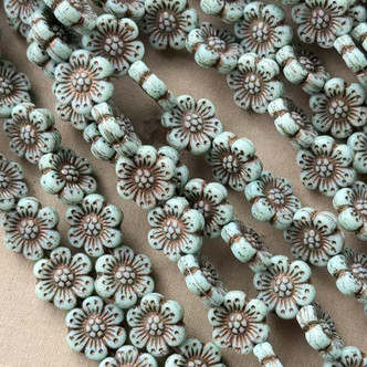 14mm 6 Petal Flower Beads Czech Glass Mint Bronzite 12Pcs Per Strand