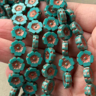 12mm Window Cut Flower Beads Czech Glass Copper Turquoise 12Pcs Per Strand