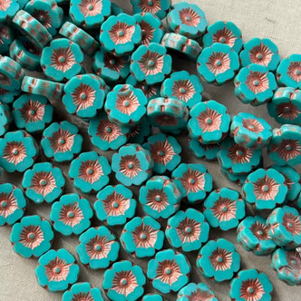 12mm Window Cut Flower Beads Czech Glass Copper Turquoise 12Pcs Per Strand