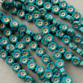 10mm Window Cut Flower Beads Czech Glass Gilded Turquoise 12Pcs Per Strand