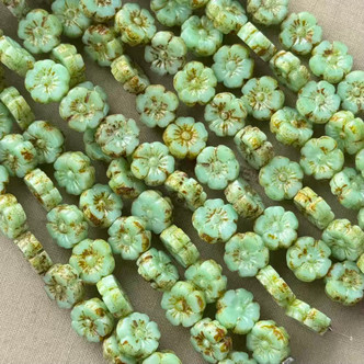 10mm Window Cut Flower Beads Czech Glass Sage Picasso 12Pcs Per Strand
