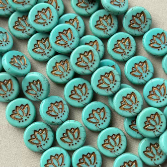 14mm Lotus Flower Coin Beads Czech Glass Turquoise Bronzite 12Pcs Per Strand