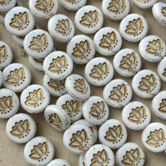 14mm Lotus Flower Coin Beads Czech Glass Gilded Alabaster 12Pcs Per Strand