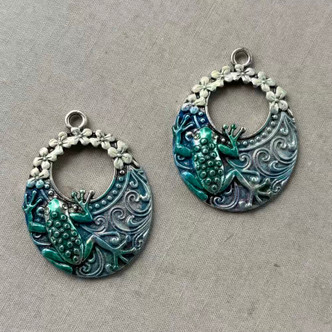 Ribberta Frog Flower Drop Small Pendant Artisan Hand Painted 42x32mm Per Pair